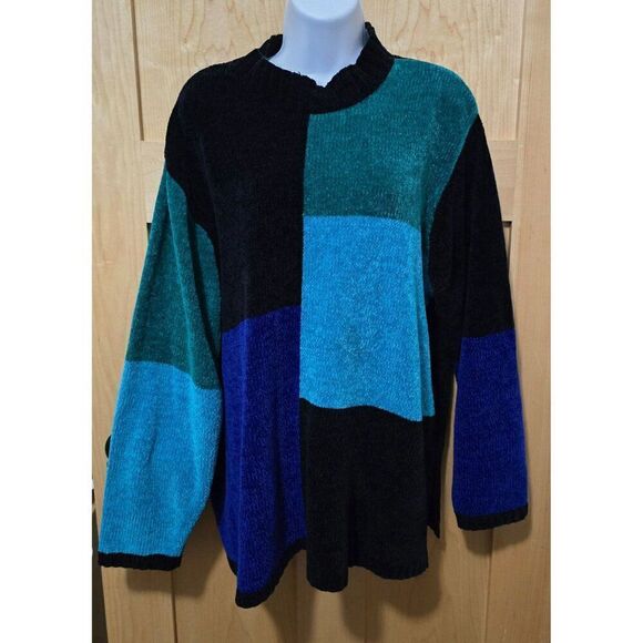 Color Block Sweater By Sag Harbor Woman 2X Black/Teal/Blue Patchwork Long Sleeve - Picture 2 of 6
